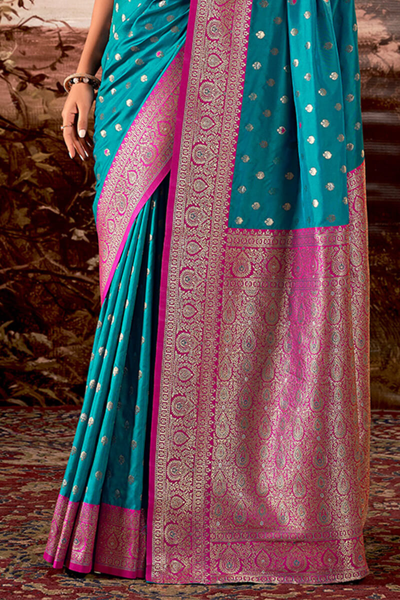 Chatoyant Firozi Soft Banarasi Silk Saree With Effervescent Blouse Piece