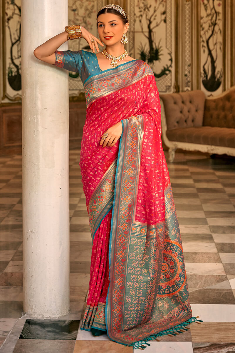 Ethnic Dark Pink Soft Banarasi Silk Saree With Flamboyant Blouse Piece