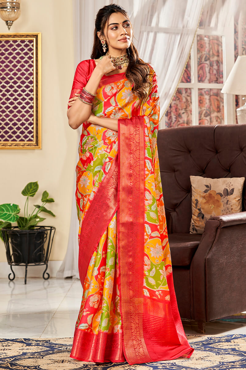 Appealing Multicolor Digital Printed Satin Silk Saree With Staring Blouse Piece