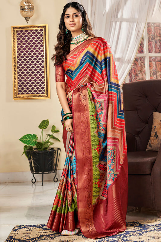 Attractive Multicolor Digital Printed Satin Silk Saree With Amazing Blouse Piece