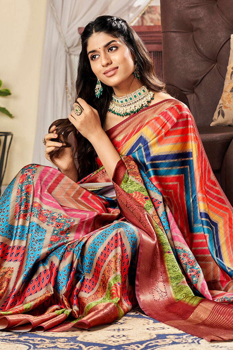 Attractive Multicolor Digital Printed Satin Silk Saree With Amazing Blouse Piece