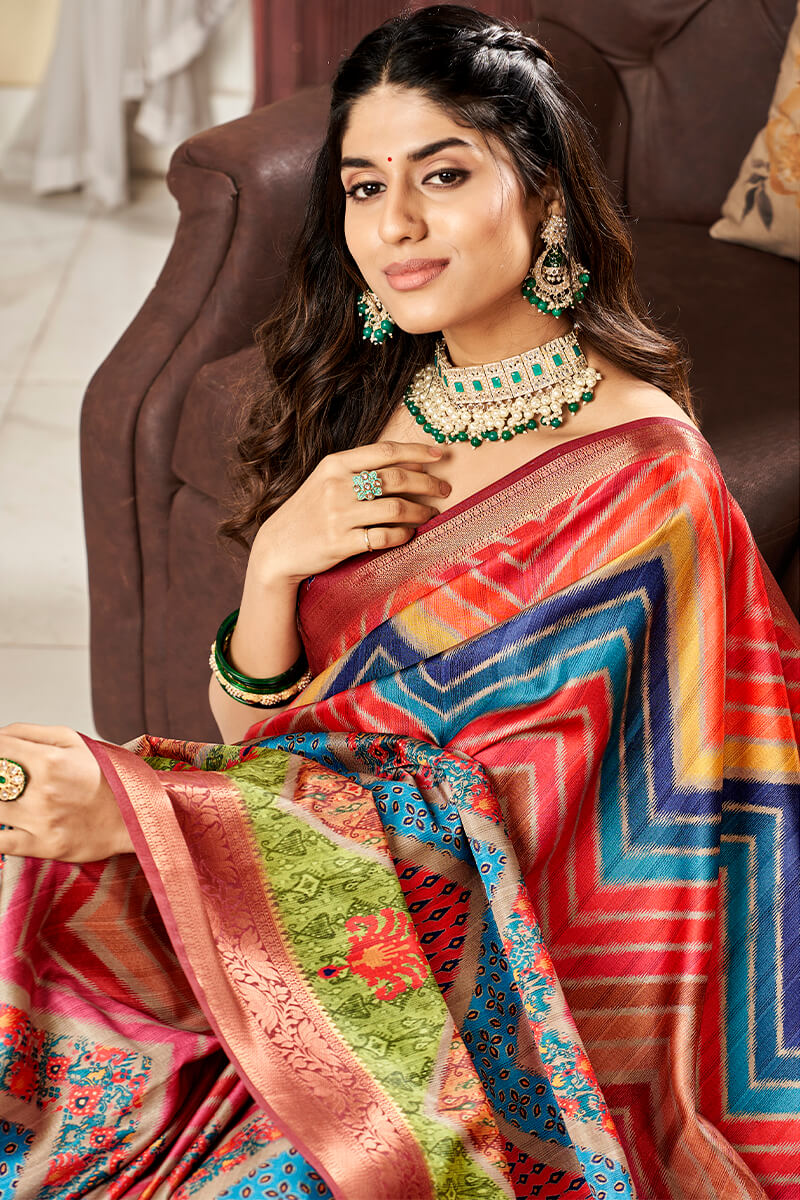 Attractive Multicolor Digital Printed Satin Silk Saree With Amazing Blouse Piece