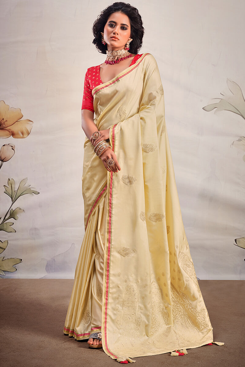 Designer Beige Soft Banarasi Silk Saree With Jazzy Blouse Piece