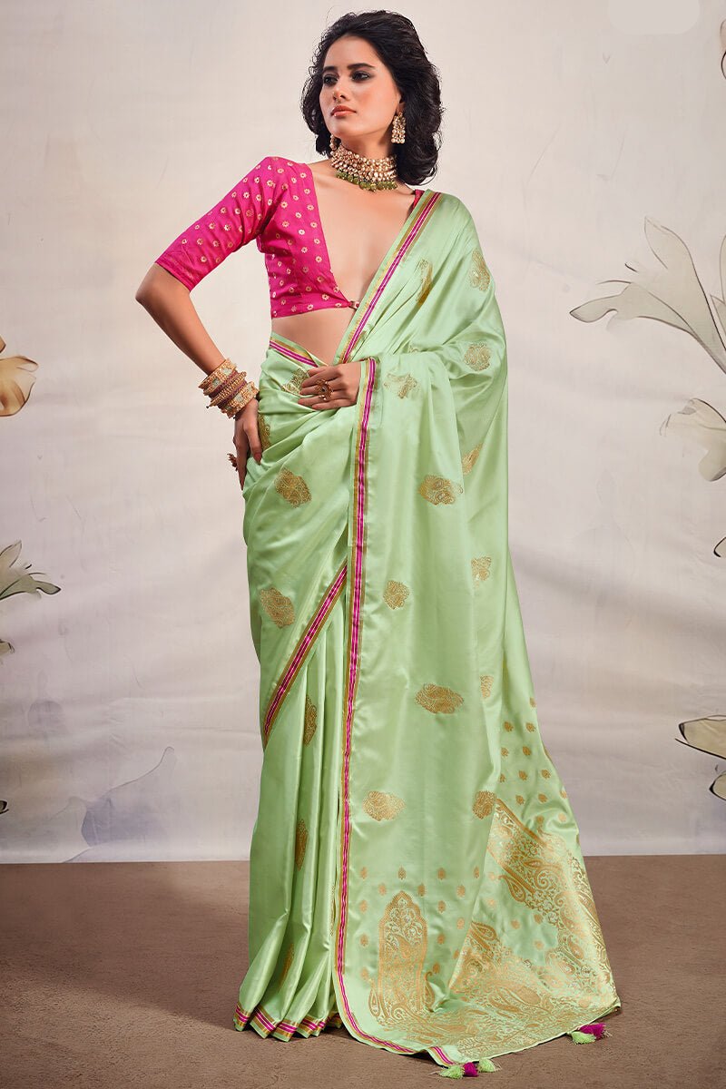 Bewitching Pista Soft Banarasi Silk Saree With Enticing Blouse Piece