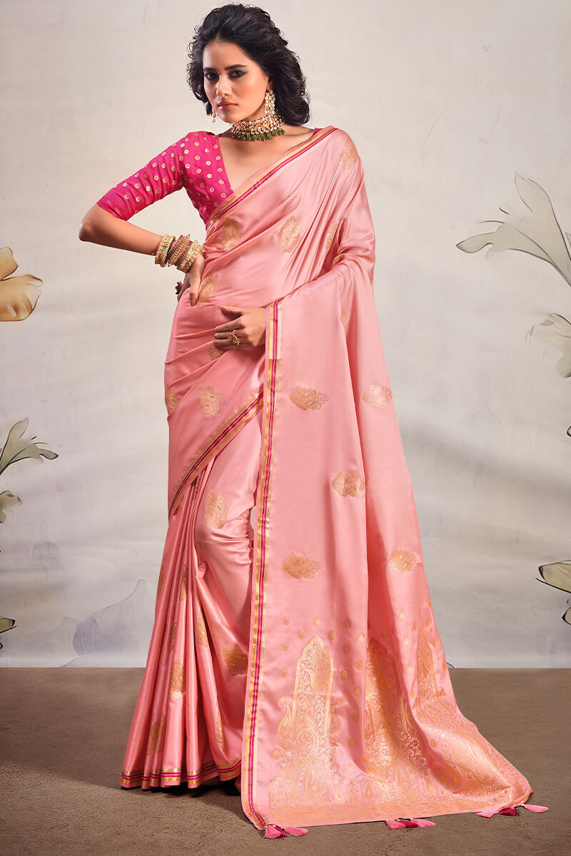 Demure Pink Soft Banarasi Silk Saree With Confounding Blouse Piece