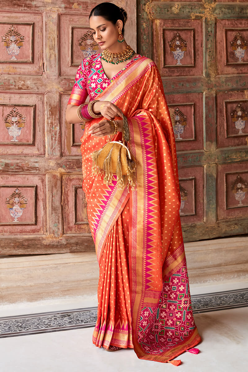 Beautiful Orange Soft Banarasi Silk Saree With Girlish Blouse Piece