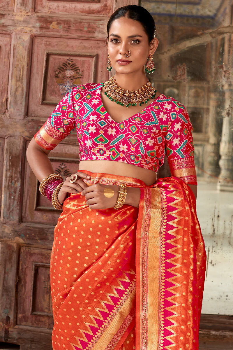 Beautiful Orange Soft Banarasi Silk Saree With Girlish Blouse Piece