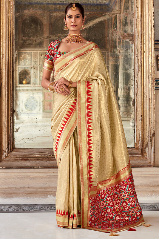 Excellent Beige Soft Banarasi Silk Saree With Dalliance Blouse Piece