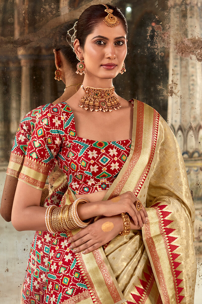 Excellent Beige Soft Banarasi Silk Saree With Dalliance Blouse Piece