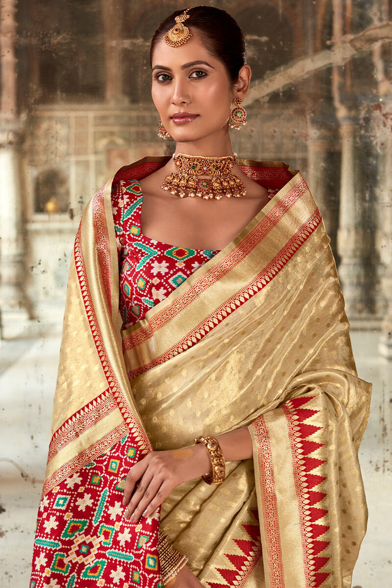 Excellent Beige Soft Banarasi Silk Saree With Dalliance Blouse Piece