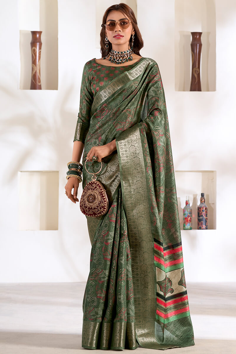 Beauteous Green Digital Printed Dola Silk Saree With Lassitude Blouse Piece