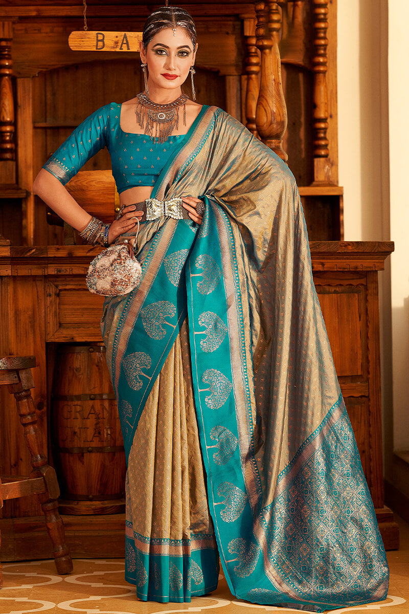 Blissful Dark Beige Soft Banarasi Silk Saree With Stunner Blouse Piece