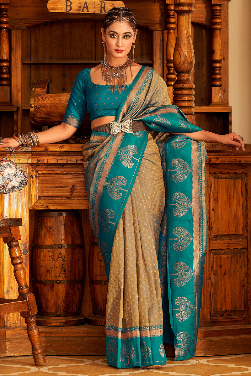 Blissful Dark Beige Soft Banarasi Silk Saree With Stunner Blouse Piece