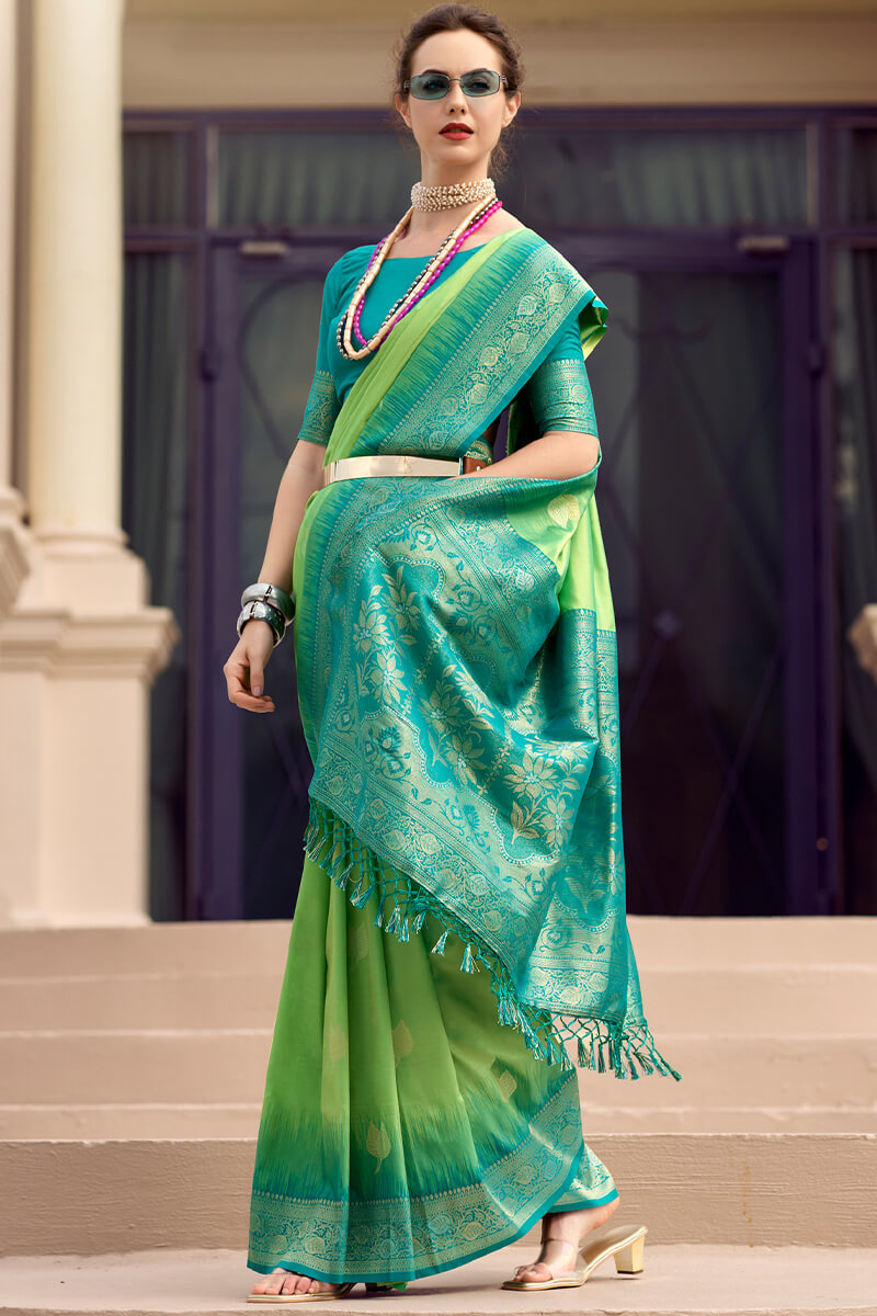 Desuetude Green Soft Banarasi Silk Saree With Palimpsest Blouse Piece