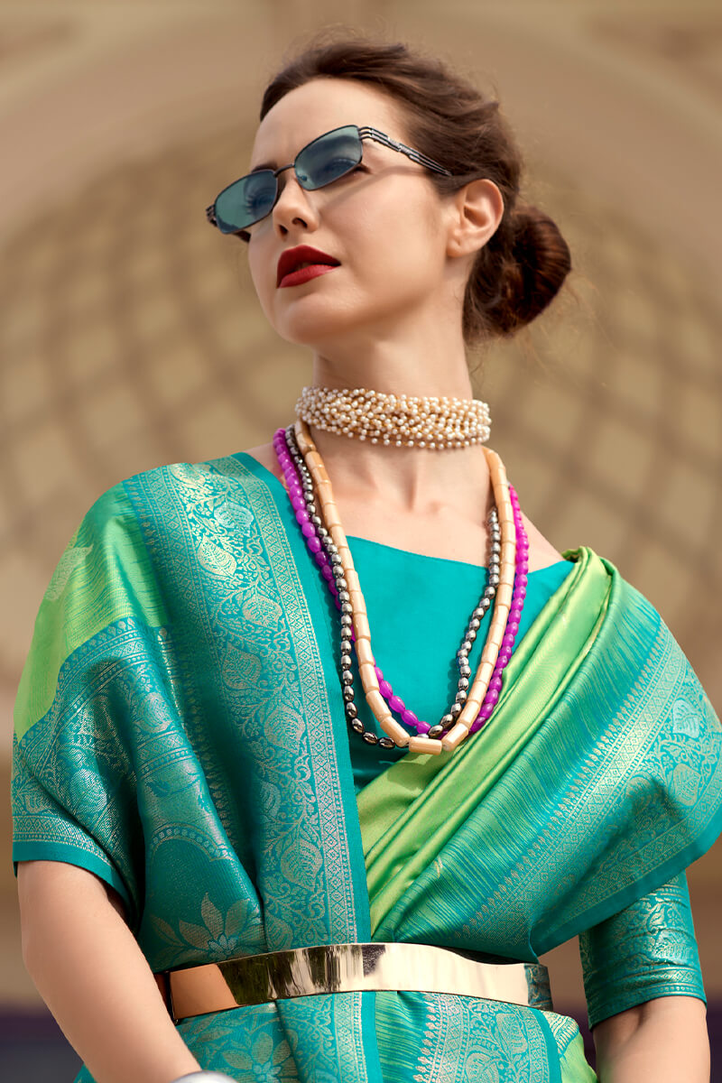 Desuetude Green Soft Banarasi Silk Saree With Palimpsest Blouse Piece