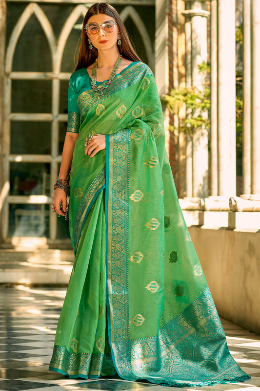 Innovative Parrot Soft Banarasi Tissue Silk Saree With Glowing Blouse Piece