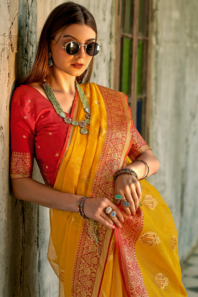 Ailurophile Yellow Soft Banarasi Tissue Silk Saree With Ebullience Blouse Piece