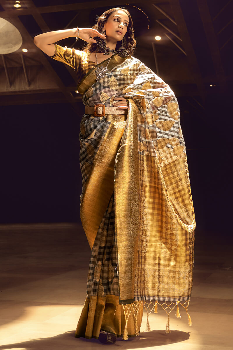 Mesmerising Grey and Yellow Soft Banarasi Silk Saree With Extraordinary Blouse