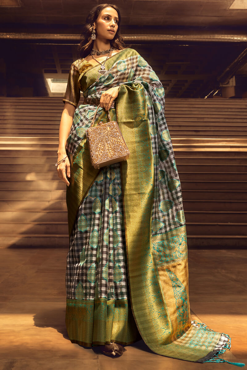 Appealing Grey and Green Soft Banarasi Silk Saree With Radiant Blouse