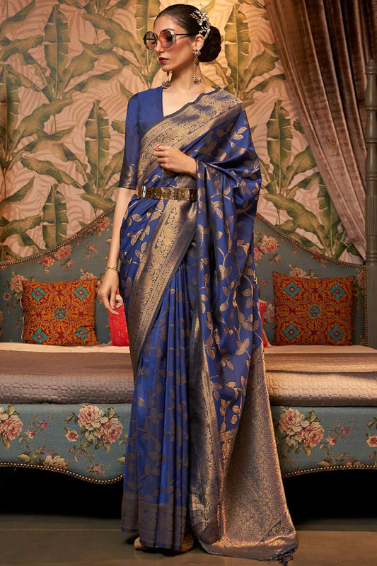 Adoring Navy Blue Kanjivaram Silk Saree with Delightful Blouse Piece