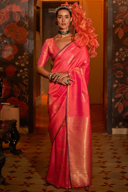 Capricious Pink Soft Banarasi Silk Saree With Phenomenal Blouse Piece