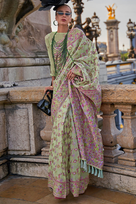 Fairytale Pista Pashmina saree With Bewitching Blouse Piece