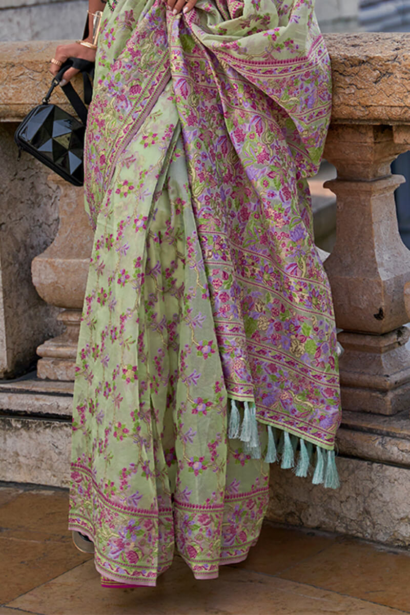 Fairytale Pista Pashmina saree With Bewitching Blouse Piece