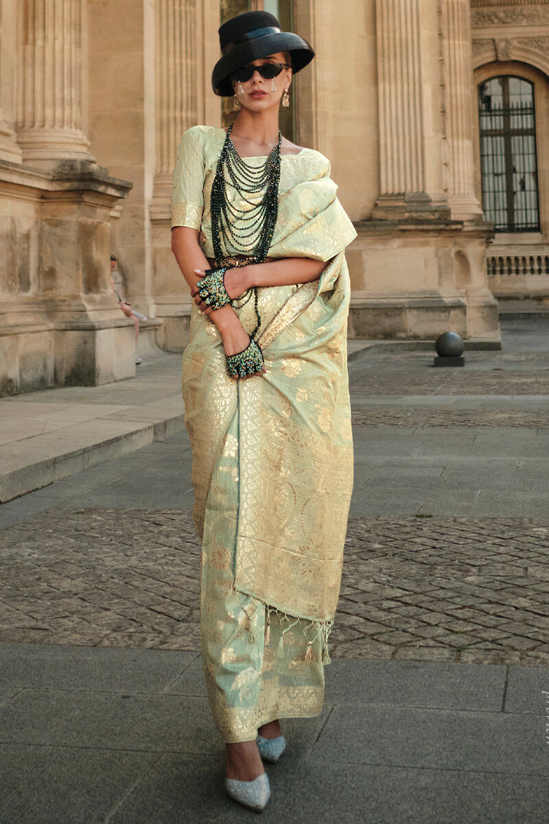 Effervescent Pista Soft Banarasi Silk Saree With Evanescent Blouse Piece