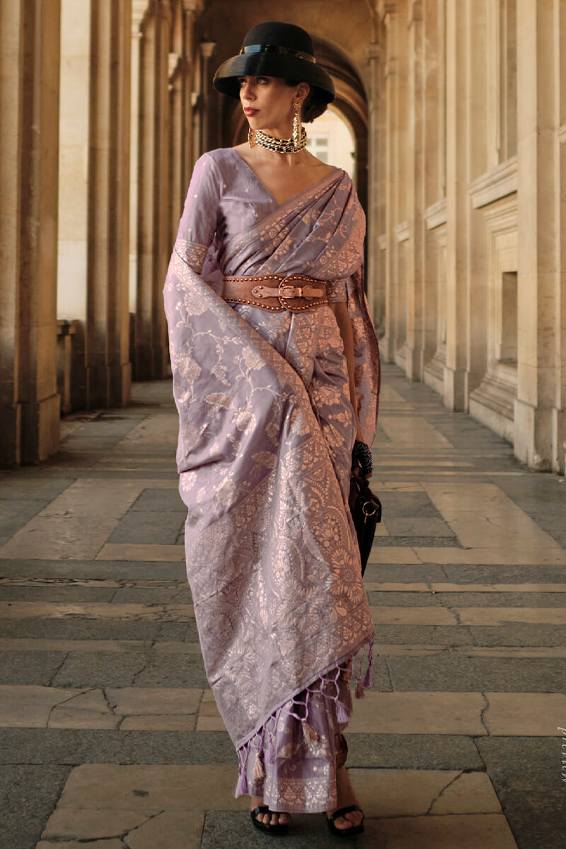 Mellifluous Lavender Soft Banarasi Silk Saree With Scintilla Blouse Piece