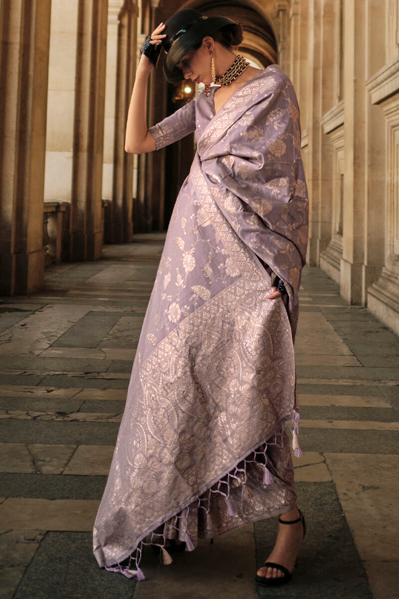 Mellifluous Lavender Soft Banarasi Silk Saree With Scintilla Blouse Piece