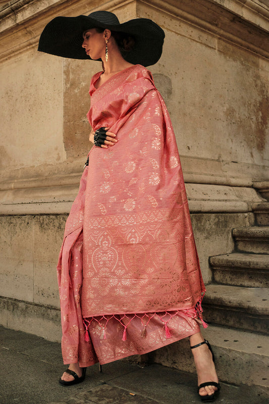 Confounding Peach Soft Banarasi Silk Saree With Imaginative Blouse Piece