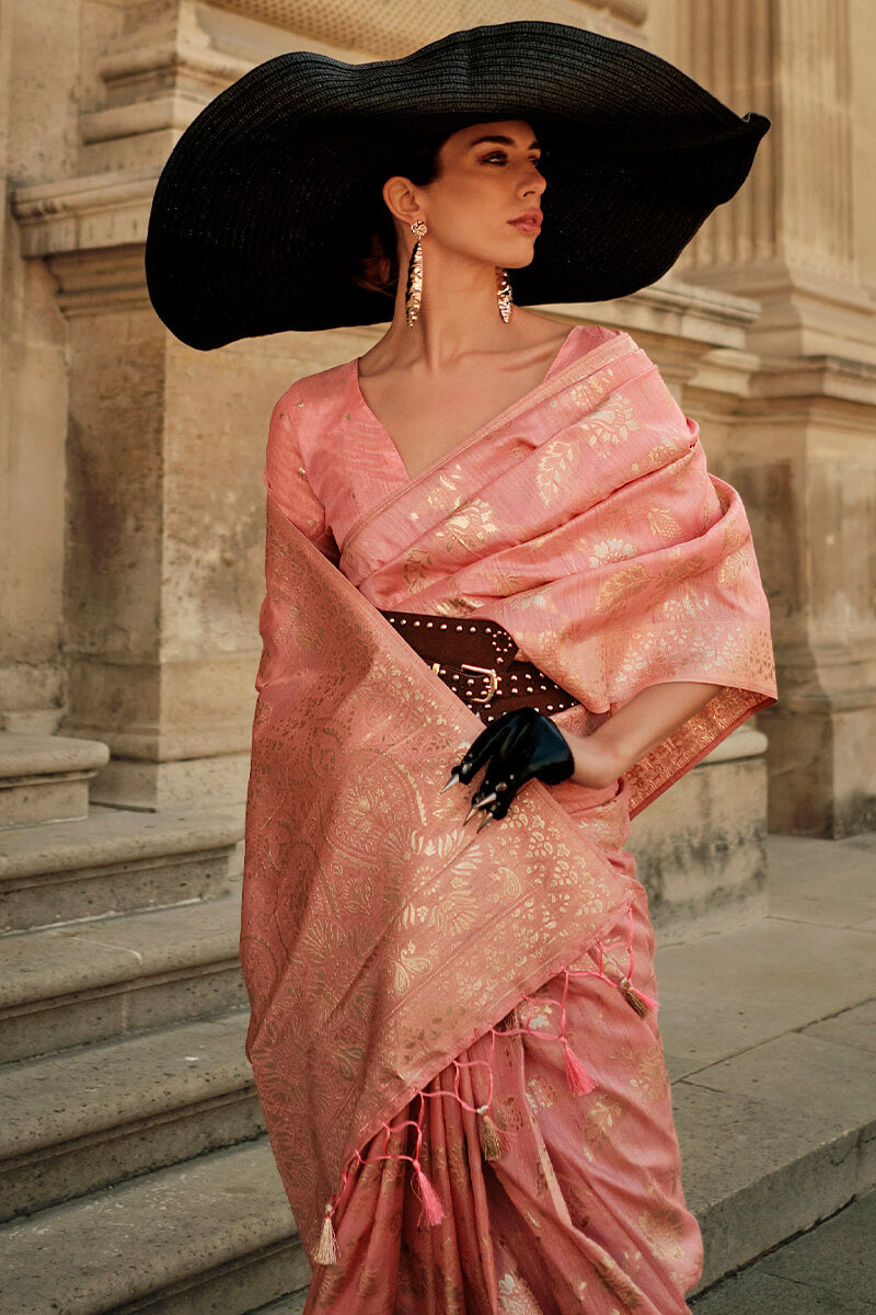 Confounding Peach Soft Banarasi Silk Saree With Imaginative Blouse Piece