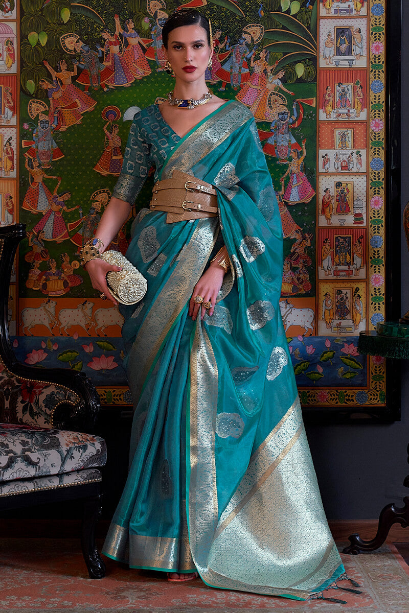 Ailurophile Turquoise Organza Silk Saree With Bewitching Blouse Piece