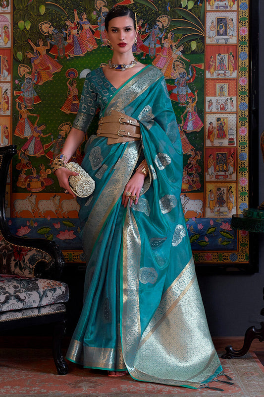 Ailurophile Turquoise Organza Silk Saree With Bewitching Blouse Piece