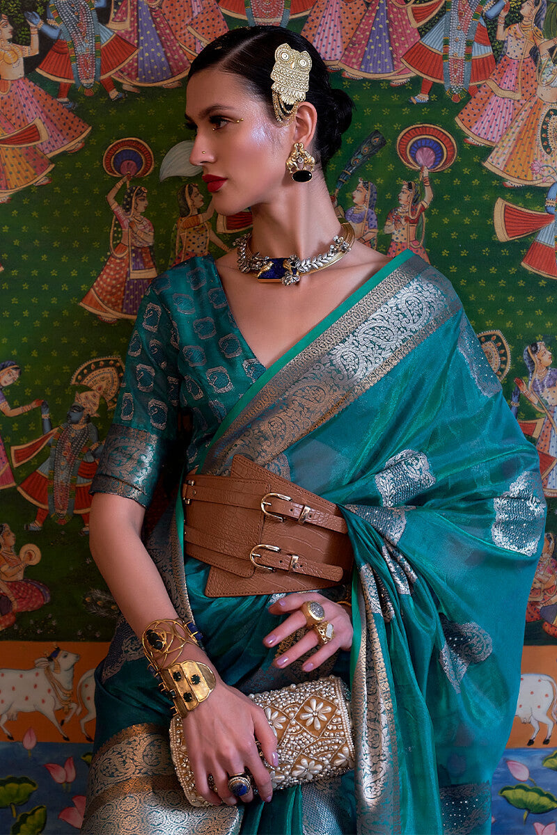 Ailurophile Turquoise Organza Silk Saree With Bewitching Blouse Piece