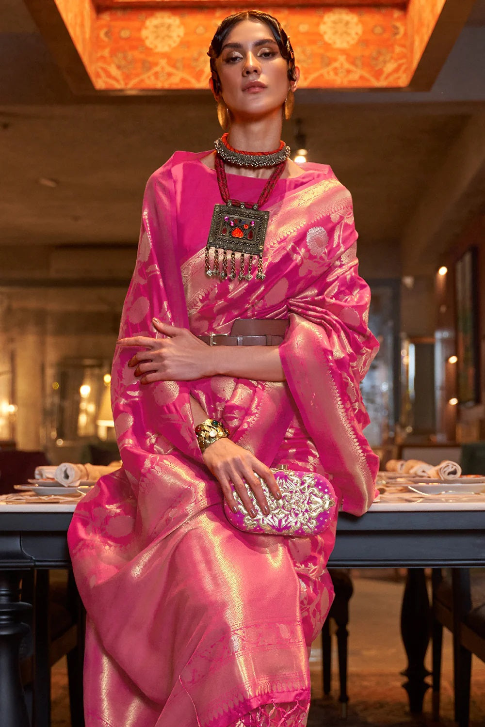 Glowing Dark Pink Soft Banarasi Silk Saree With Adorable Blouse Piece