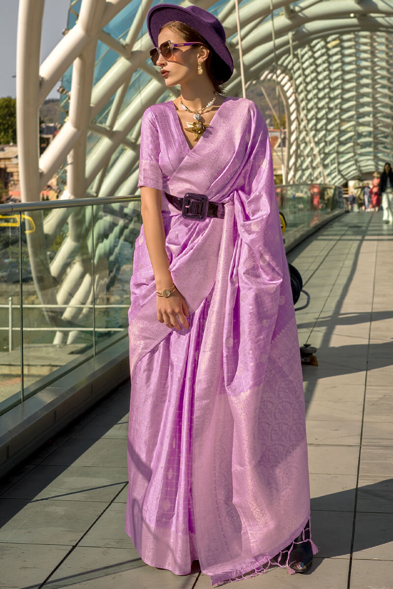 Adorable Lavender Soft Banarasi Silk Saree With Preferable Blouse Piece