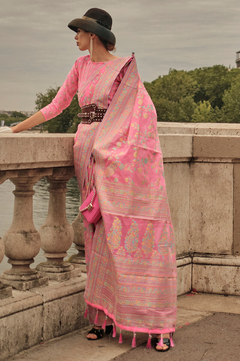 Alluring Baby Pink Kashmiri Model Organza Silk Saree With Adorning Blouse Piece