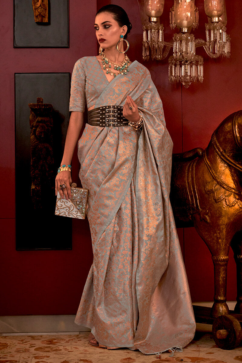 Impressive Grey Soft Banarasi Silk Saree With Adorable Blouse Piece