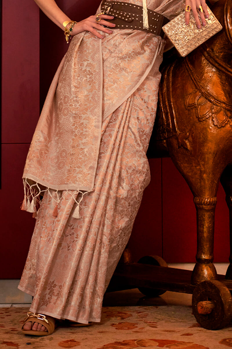 Eye-catching Beige Soft Banarasi Silk Saree With Stylish Blouse Piece