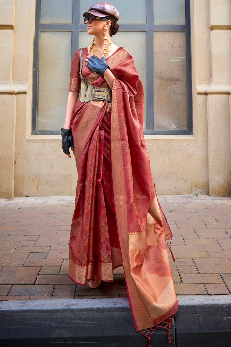 Fancifull Maroon Organza Silk Saree With Engrossing Blouse Piece