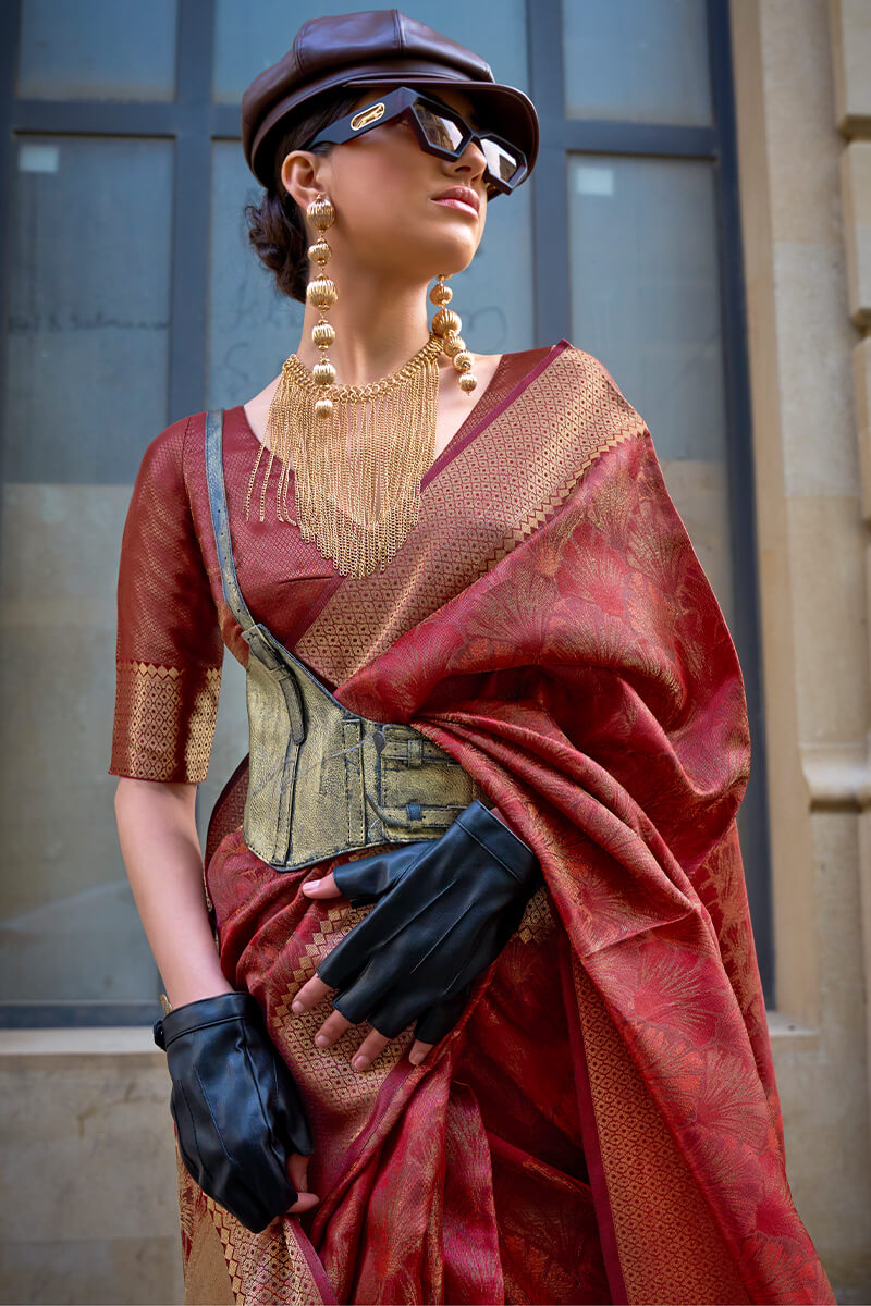 Fancifull Maroon Organza Silk Saree With Engrossing Blouse Piece