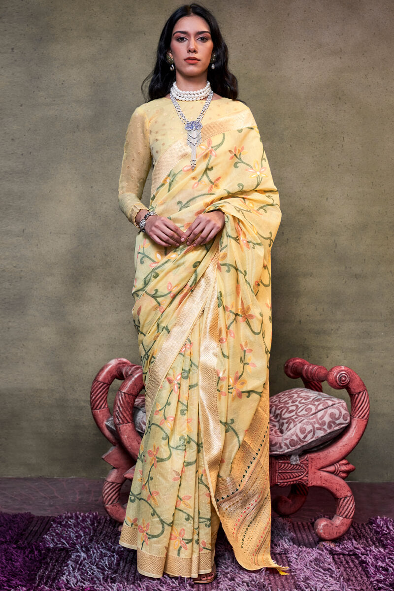 Allure Yellow Cotton Silk Saree With Opulent Blouse Piece