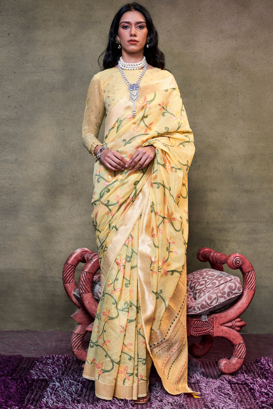 Allure Yellow Cotton Silk Saree With Opulent Blouse Piece