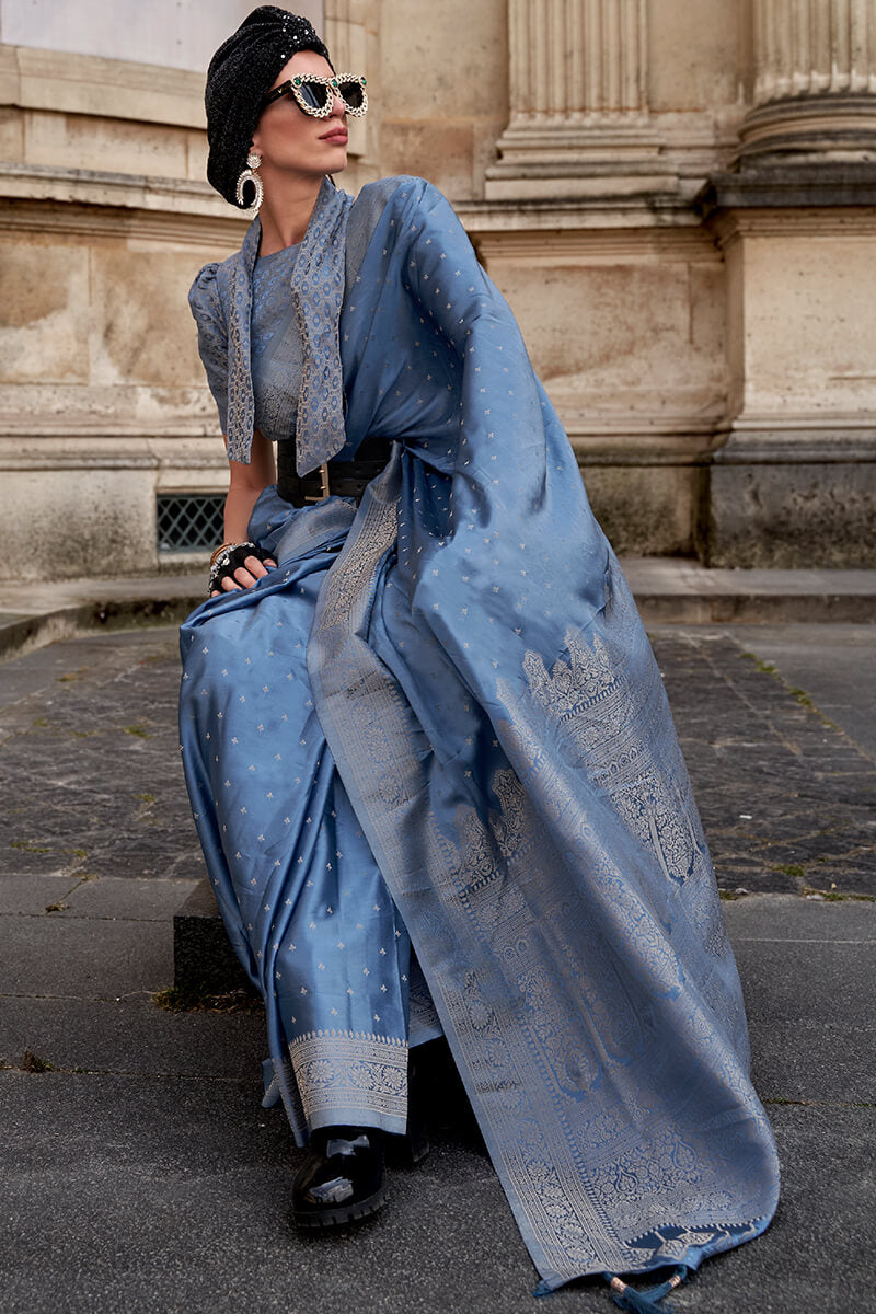 Fancifull Light Blue Soft Banarasi Silk Saree With Adoring Blouse Piece