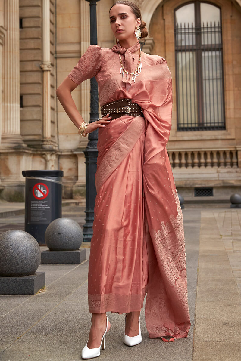 Improbable Peach Soft Banarasi Silk Saree With Alluring Blouse Piece