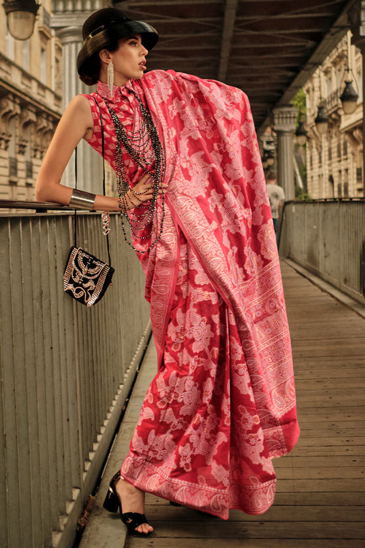 Extraordinary Red Lucknowi Silk Saree and Refreshing Blouse Piece