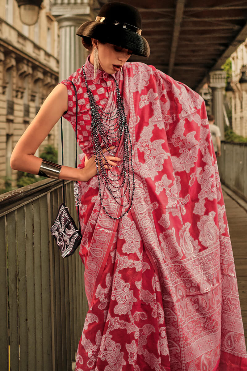 Extraordinary Red Lucknowi Silk Saree and Refreshing Blouse Piece