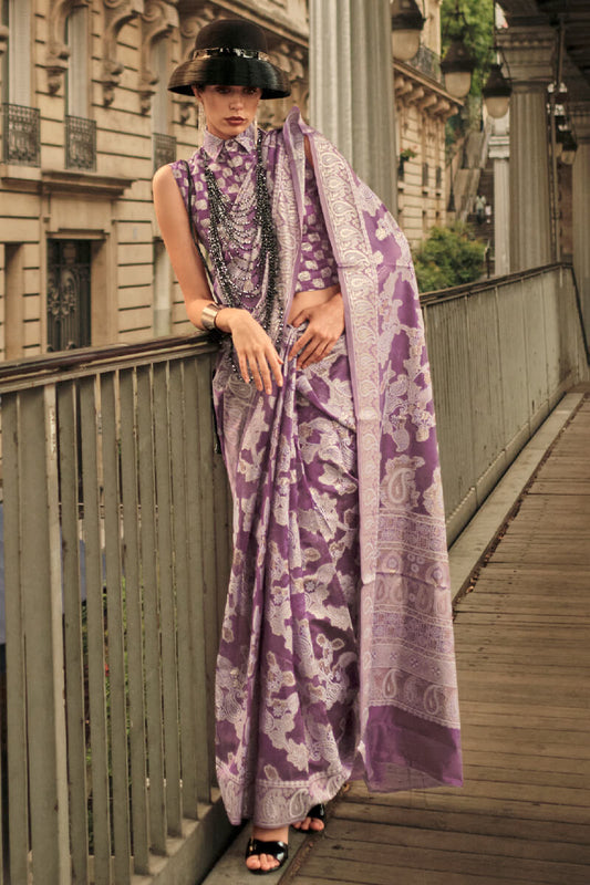 Fancifull Purple Lucknowi Silk Saree and Stunner Blouse Piece