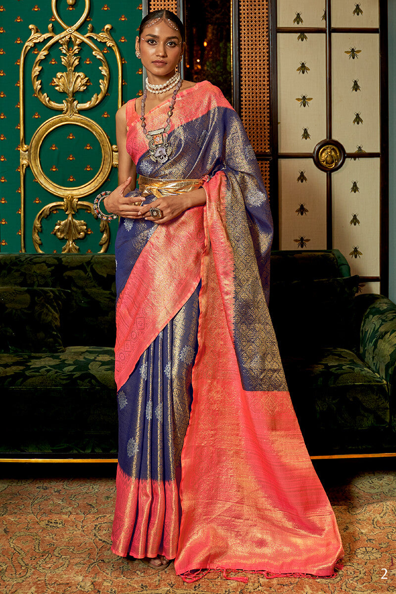 Exuberant Blue Kanjivaram Silk Saree With Symmetrical Blouse Piece